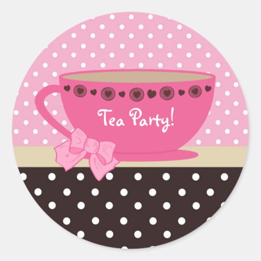 Girly Tea Party Roze en Bruine Polka Dots Ronde Sticker (Voorkant)