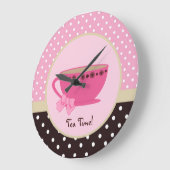 Girly Tea Time Teacup Pink and Brown Polka Dot Bow Grote Klok (Hoek)