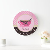 Girly Tea Time Teacup Pink and Brown Polka Dot Bow Grote Klok (Huis)