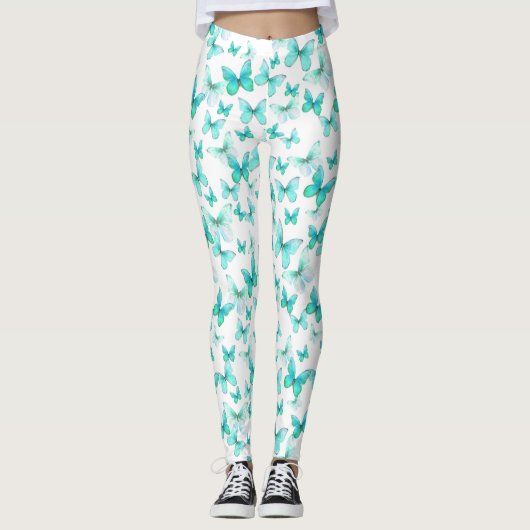 Girly teal butterfly whimsical patterned leggings (Voorkant)