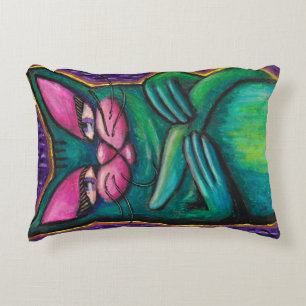 Girly Teal Cat in Oil Pastel on Purple Background Accent Kussen