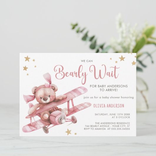 Girly Teddybeer We Can Bearly Wait Baby Shower Kaart (Staand voorkant)