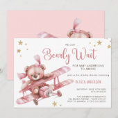 Girly Teddybeer We Can Bearly Wait Baby Shower Kaart (Voorkant / Achterkant)