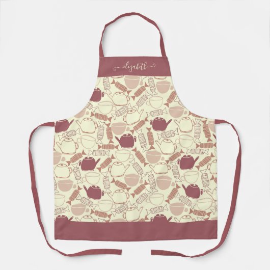 Girly Theepot Tea Cup Snoep Patroon Script Naam Schort (Voorkant)