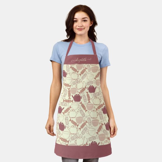 Girly Theepot Tea Cup Snoep Patroon Script Naam Schort (Gedragen)