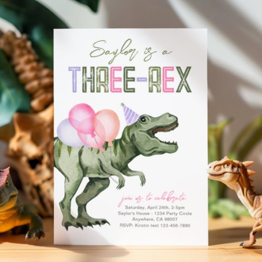 Girly Three-Rex Dinosaurus Verjaardag Uitnodiging