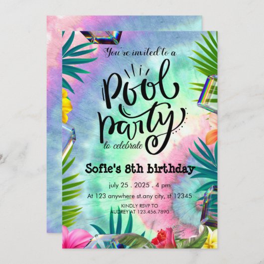 Girly Tie Dye Pool Party Verjaardag Kaart (Voorkant / Achterkant)