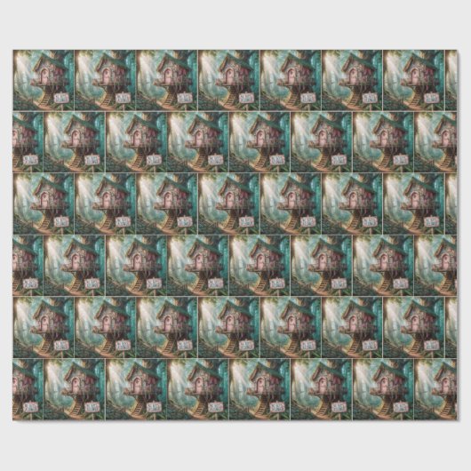 Girly Treehouse Met Een Grappig Teken In Een Bos Cadeaupapier (Vlak)