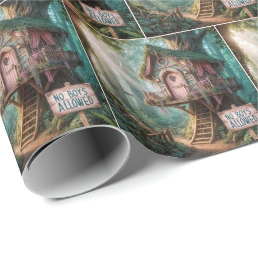 Girly Treehouse Met Een Grappig Teken In Een Bos Cadeaupapier (Rol Hoek)