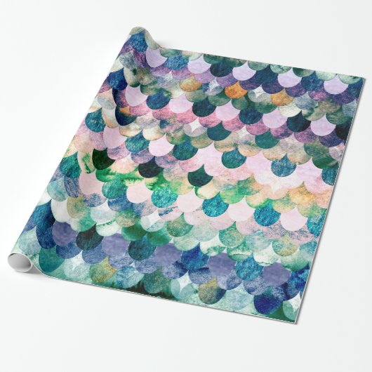 Girly Trend Blue Mermaid Fish Scales Cadeaupapier (Uitgerold)
