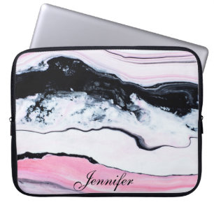 Girly TRENDY BLACK WHITE PINK MARBLE ADD JOUW NAAM Laptop Sleeve