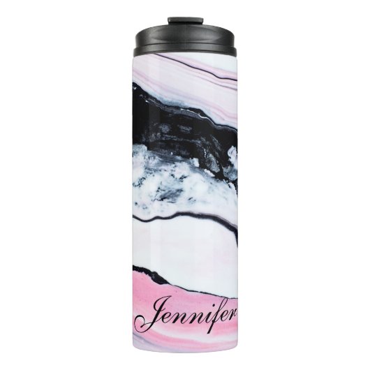 Girly TRENDY BLACK WHITE PINK MARBLE ADD JOUW NAAM Thermosbeker (Voorkant)