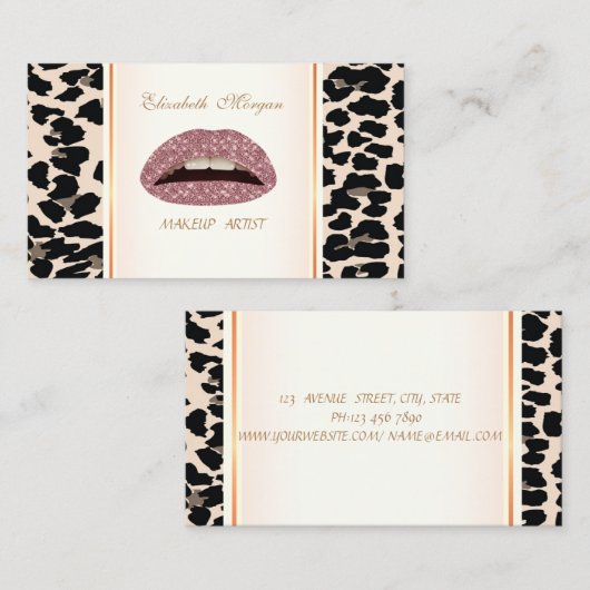 Girly Trendy Modern Elegant, Leopard Print, Lips Visitekaartje (Voorkant / Achterkant)