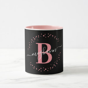 Girly Trendy Pink Black Name Monogram Script Coffe Mok