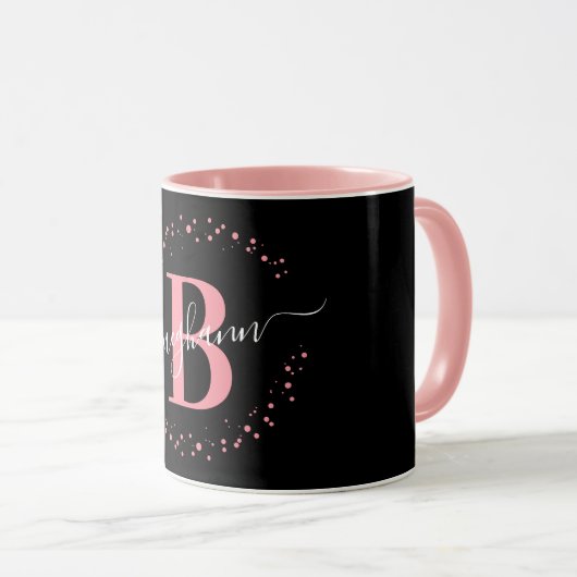 Girly Trendy Pink Black Name Monogram Script Coffe Mok (Voorkant rechts)