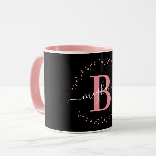 Girly Trendy Pink Black Name Monogram Script Coffe Mok (Voorkant links)