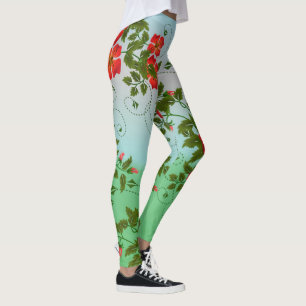 Girly Trendy Red Green White Floral Waterverf Leggings
