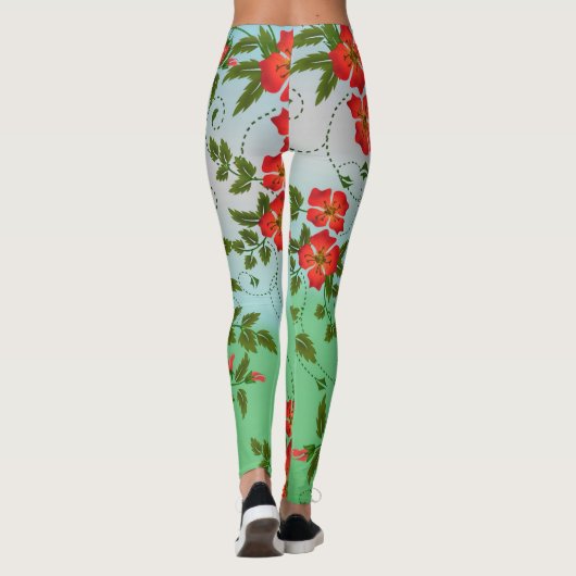 Girly Trendy Red Green White Floral Waterverf Leggings (Achterkant)