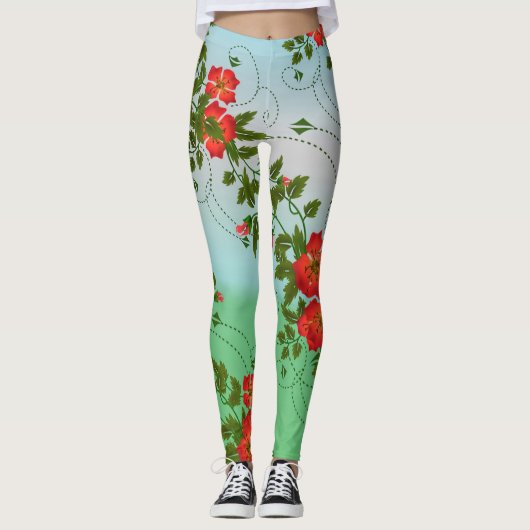 Girly Trendy Red Green White Floral Waterverf Leggings (Voorkant)