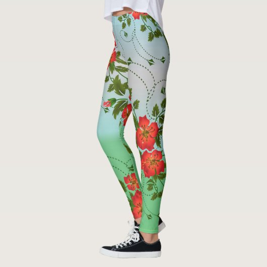 Girly Trendy Red Green White Floral Waterverf Leggings (Links)