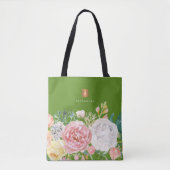 Girly trendy waterverf bloemen monogram groen tote bag (Voorkant)