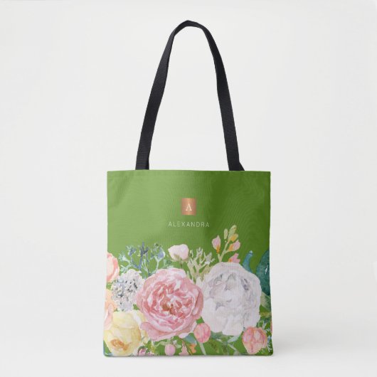 Girly trendy waterverf bloemen monogram groen tote bag (Voorkant)