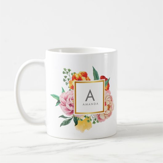 Girly TRENDY Waterverf Peony Flowers Monogram Koffiemok (Links)
