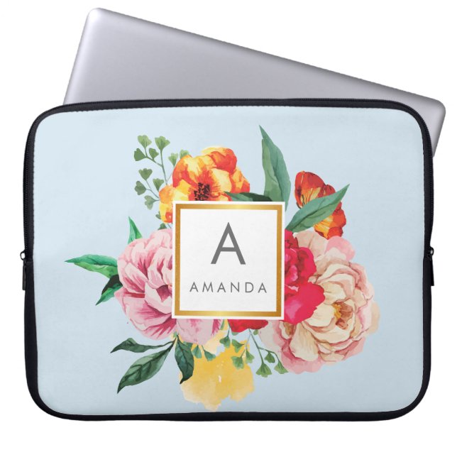 Girly TRENDY Waterverf Peony Flowers Monogram Laptop Sleeve (Voorkant)
