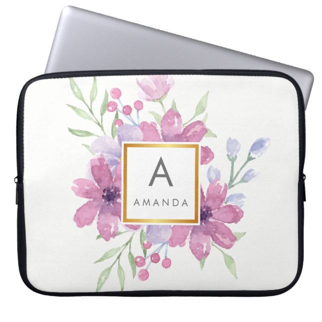 Girly TRENDY Waterverf PINK Peony Flower Monogram Laptop Sleeve (Voorkant)