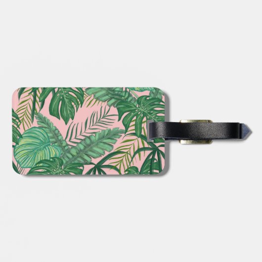 Girly Tropical Palm Leaf Roze Bagagelabel (Achterkant horizontaal)