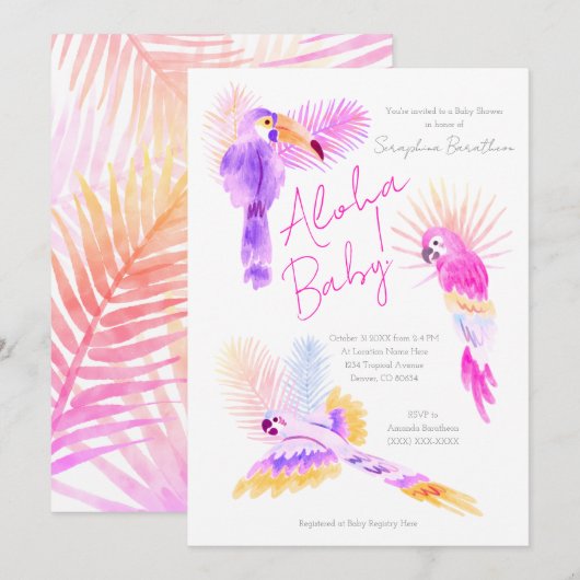 Girly Tropical Parrots Hawaiian Aloha Baby shower Kaart (Voorkant / Achterkant)