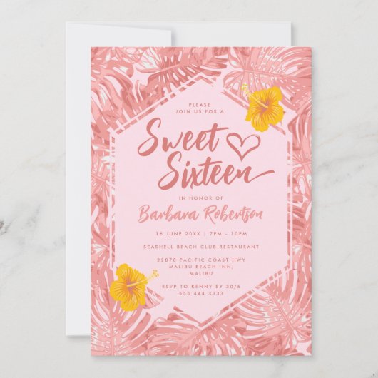 Girly Tropical Pastel Pink Floral Sweet Sixteen Kaart (Voorkant)