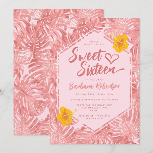 Girly Tropical Pastel Pink Floral Sweet Sixteen Kaart (Voorkant / Achterkant)