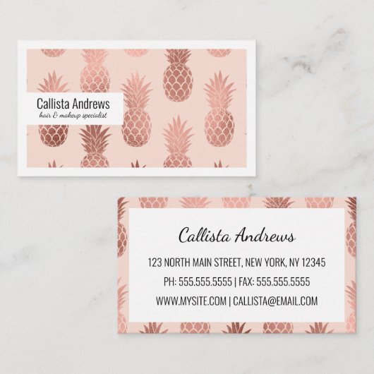 Girly Tropical Roos Gold Summer Pineapples Patroon Visitekaartje (Voorkant / Achterkant)
