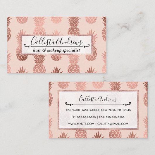 Girly Tropical Roos Gold Summer Pineapples Patroon Visitekaartje (Voorkant / Achterkant)
