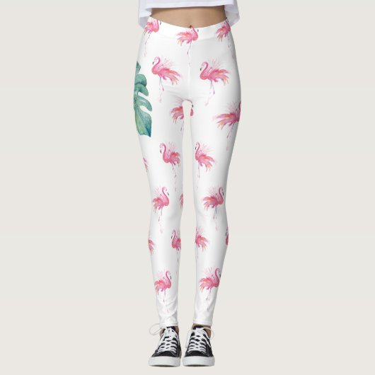 Girly Tropical Waterverf Pink Flamingo Leggings (Voorkant)