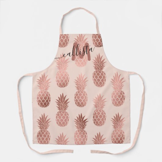 Girly Tropisch Roos Goud Zomer Ananas Monogram Schort (Voorkant)