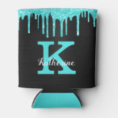 Girly Turquoise Black Glitter Drives Monogram Naam Blikjeskoeler (Voorkant)