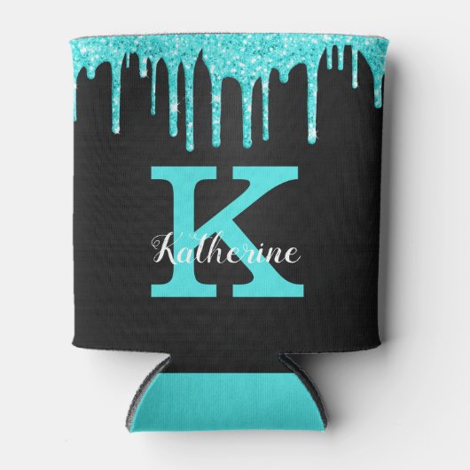 Girly Turquoise Black Glitter Drives Monogram Naam Blikjeskoeler (Voorkant)