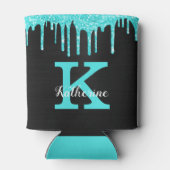 Girly Turquoise Black Glitter Drives Monogram Naam Blikjeskoeler (Achterkant)