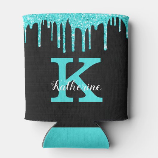 Girly Turquoise Black Glitter Drives Monogram Naam Blikjeskoeler (Achterkant)