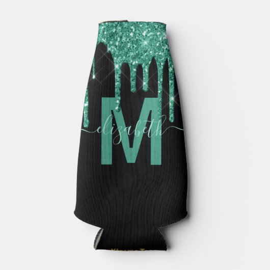 Girly Turquoise Dripping Glitter Monogram Naam Flesjeskoeler (Voorkant)