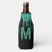 Girly Turquoise Dripping Glitter Monogram Naam Flesjeskoeler (Fles Voorkant)