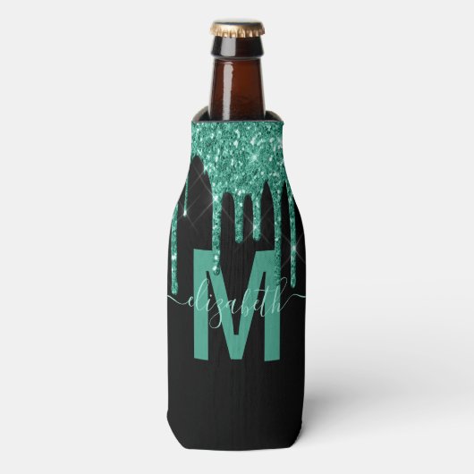 Girly Turquoise Dripping Glitter Monogram Naam Flesjeskoeler (Fles Voorkant)