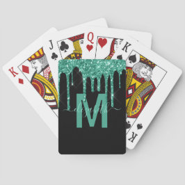 Girly Turquoise Dripping Glitter Monogram Naam Pokerkaarten