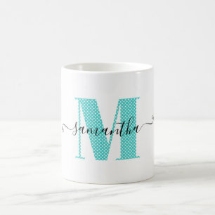 Girly Turquoise en Witte Polka Dot Monogram Koffiemok