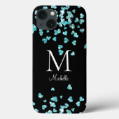 Girly Turquoise Glitter Hearts Monogram Case-Mate iPhone Case (Achterkant)