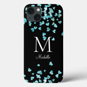 Girly Turquoise Glitter Hearts Monogram Case-Mate iPhone Case