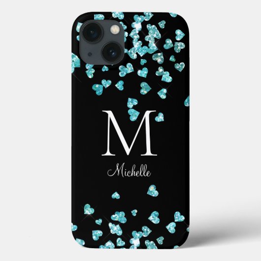 Girly Turquoise Glitter Hearts Monogram Case-Mate iPhone Case (Achterkant)