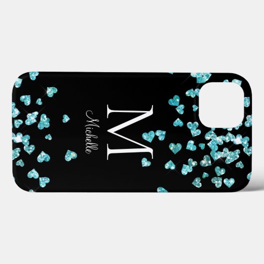 Girly Turquoise Glitter Hearts Monogram Case-Mate iPhone Case (Achterkant (horizontaal))